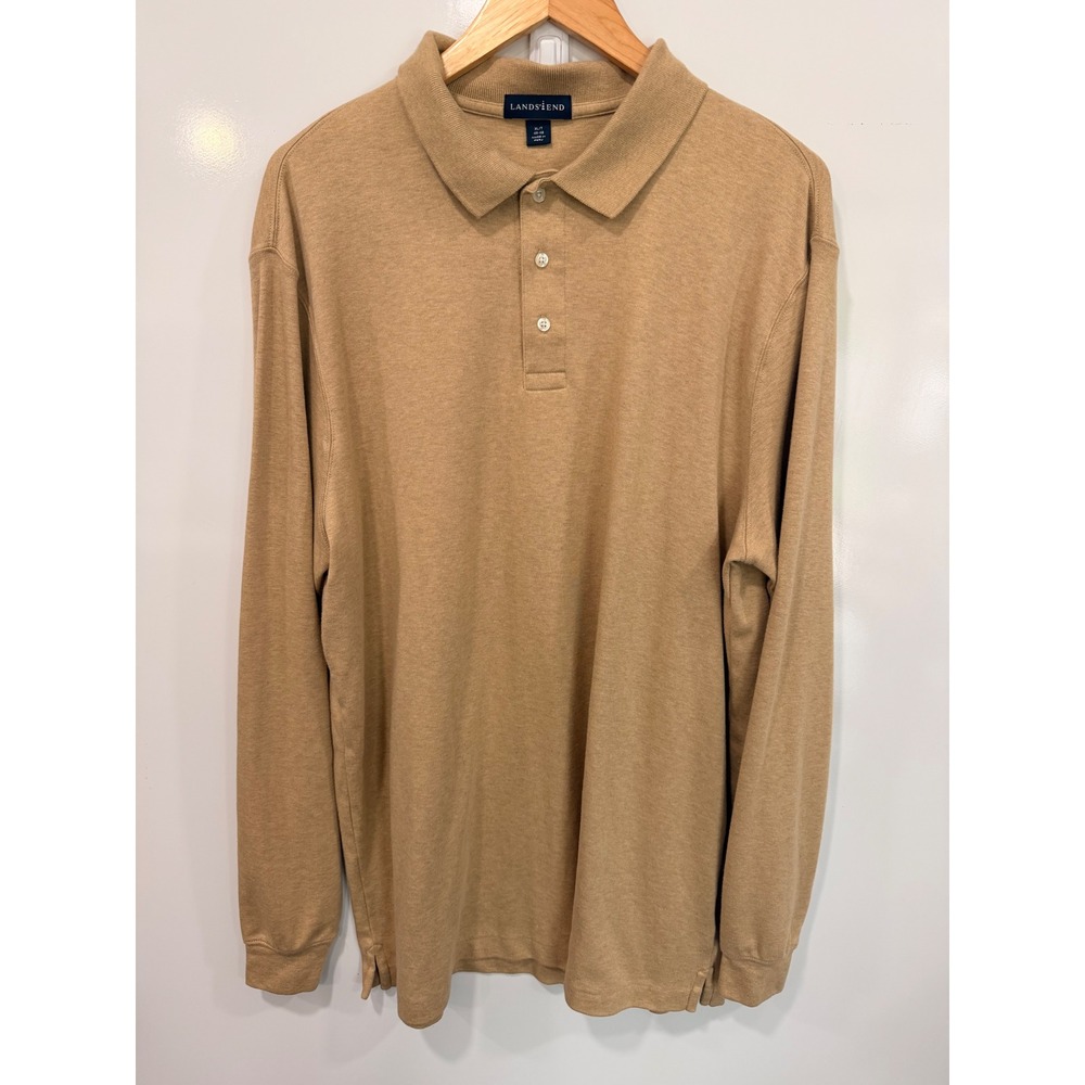 Lands End‎ Mens XL Tall Long Sleeve Polo Shirt Tan Camel 100% Cotton RN62830